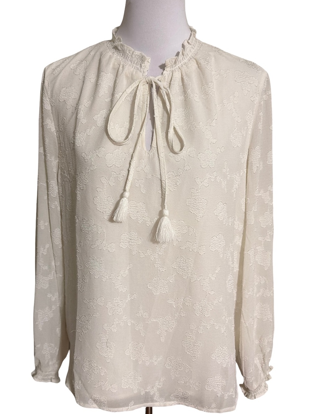 Nanette Lepore Cream Tie-Neck Long Sleeve Blouse